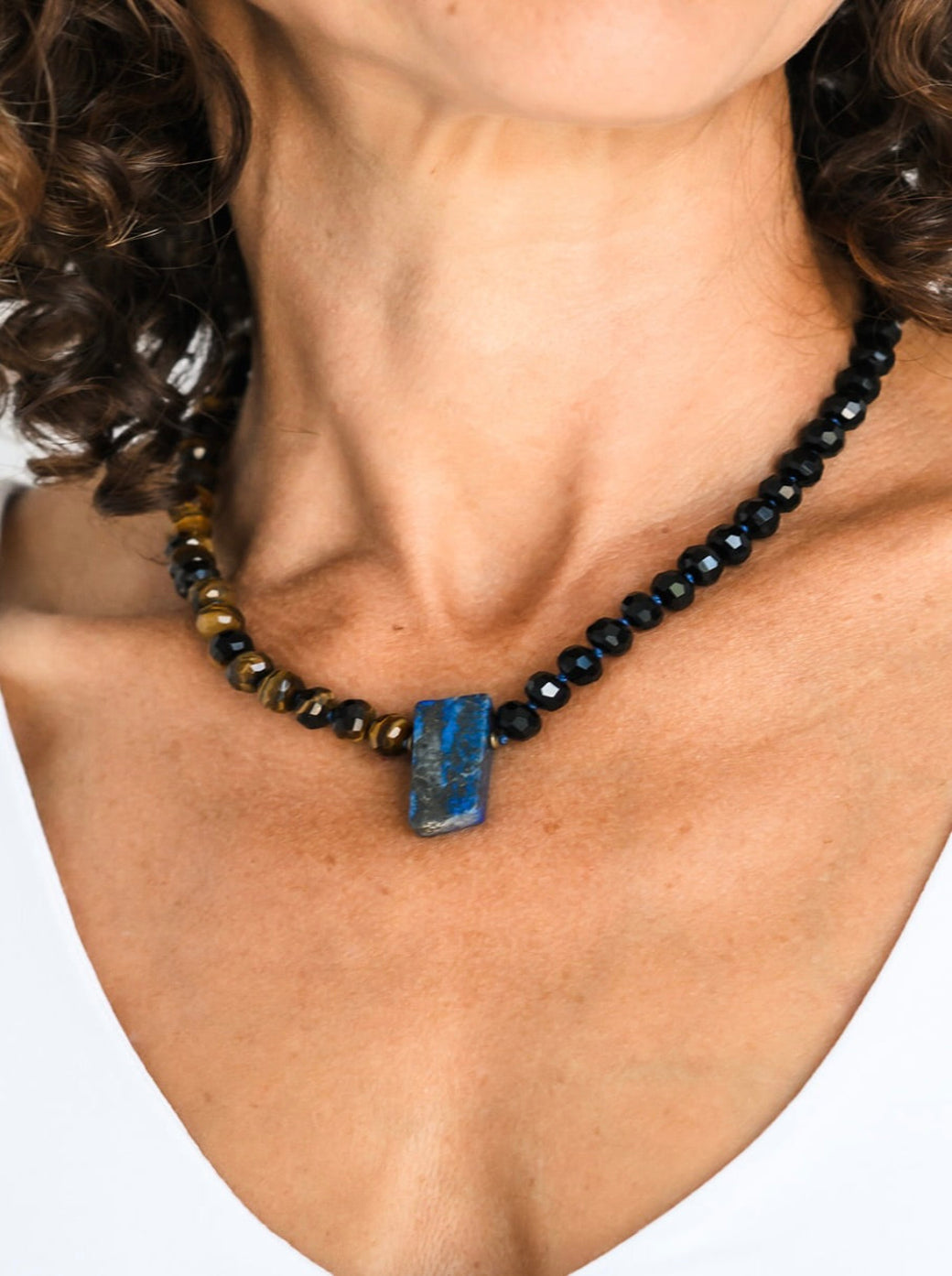 tiger's eye and onyx knotted gemstone necklace with lapis pendant | radiant malas | handmade in boulder, colorado