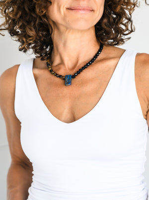 tiger's eye and onyx knotted gemstone necklace with lapis pendant | radiant malas | handmade in boulder, colorado