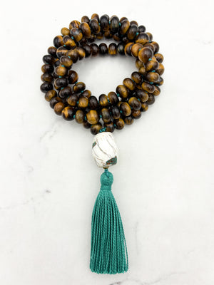 tiger's eye gemstone mala with bone guru bead and green tassel | radiant malas | handmade in boulder, colorado