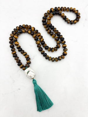 tiger's eye gemstone mala with bone guru bead and green tassel | radiant malas | handmade in boulder, colorado
