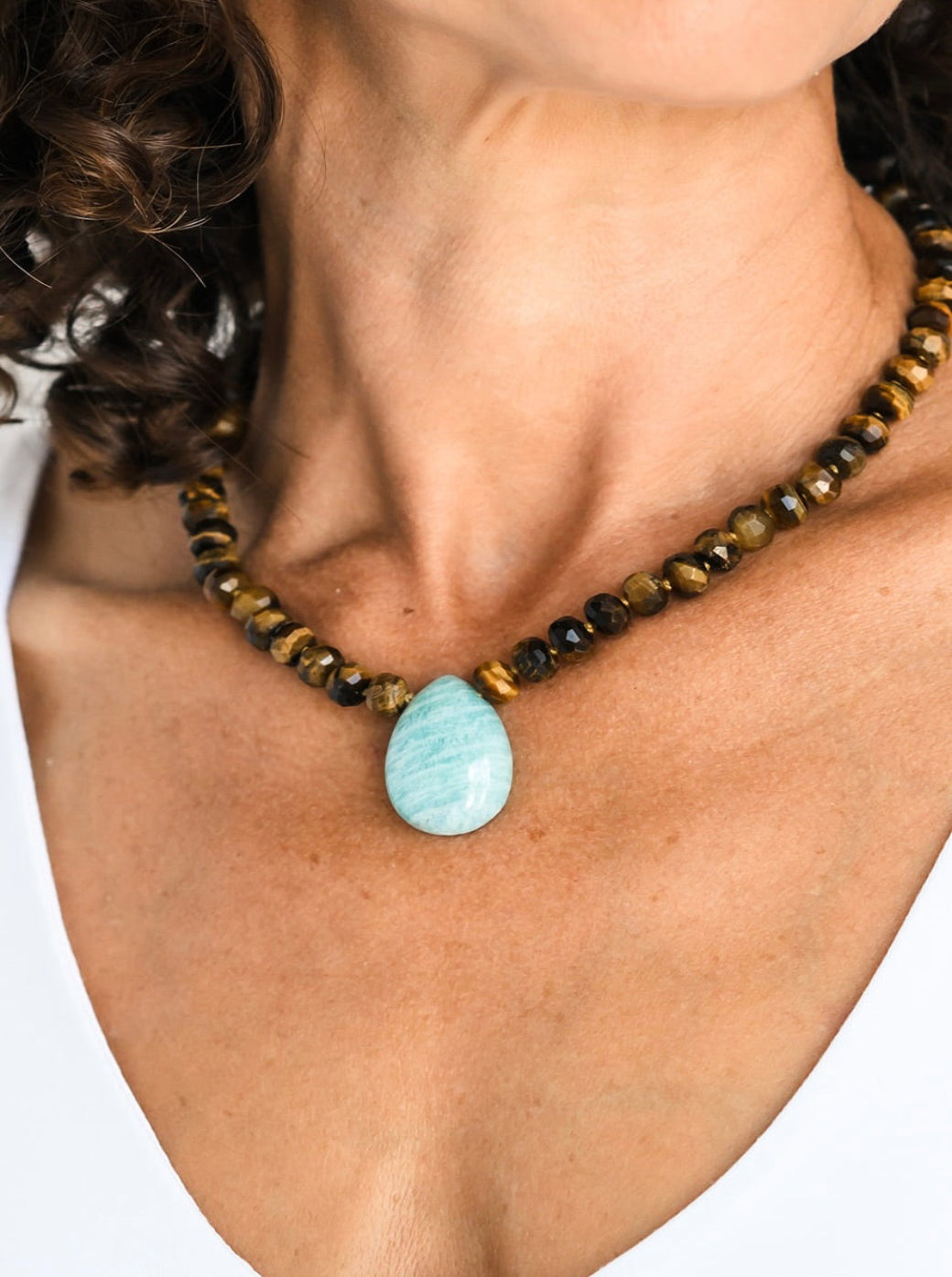 tiger's eye knotted gemstone necklace with amazonite teardrop pendant | radiant malas | handmade in boulder, colorado