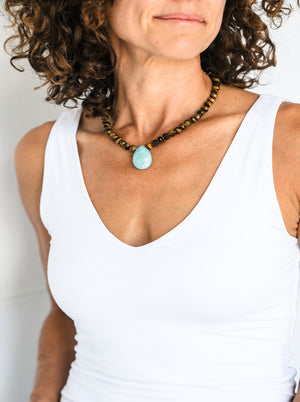 tiger's eye knotted gemstone necklace with amazonite teardrop pendant | radiant malas | handmade in boulder, colorado