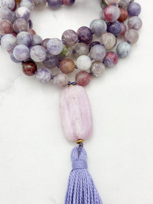 tourmaline lepidolite gemstone mala with light purple beryl guru bead and lilac tassel | radiant malas | handmade in boulder, colorado