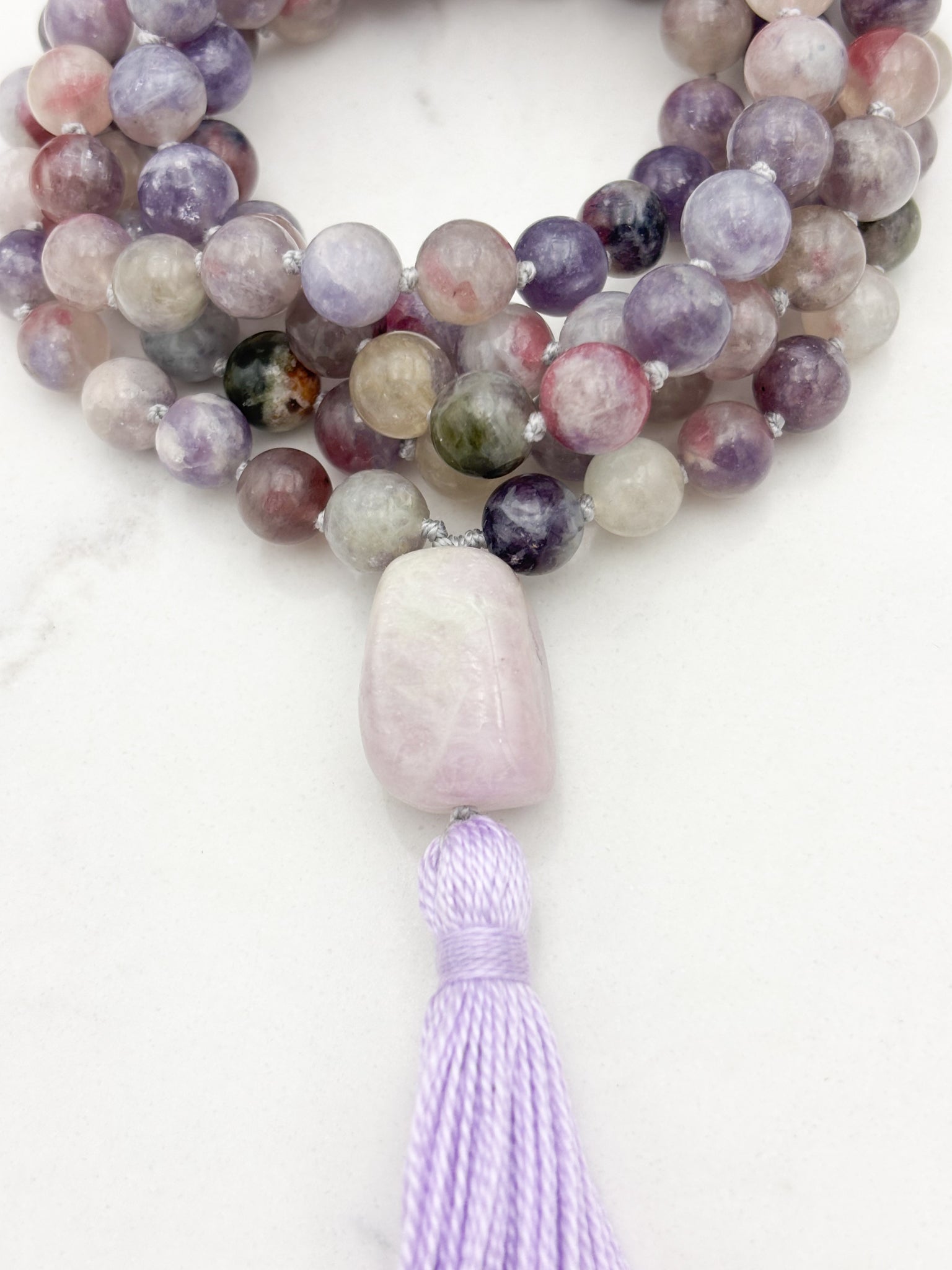tourmaline lepidolite gemstone mala with beryl guru bead and lilac tassel | radiant malas | handmade in boulder, colorado