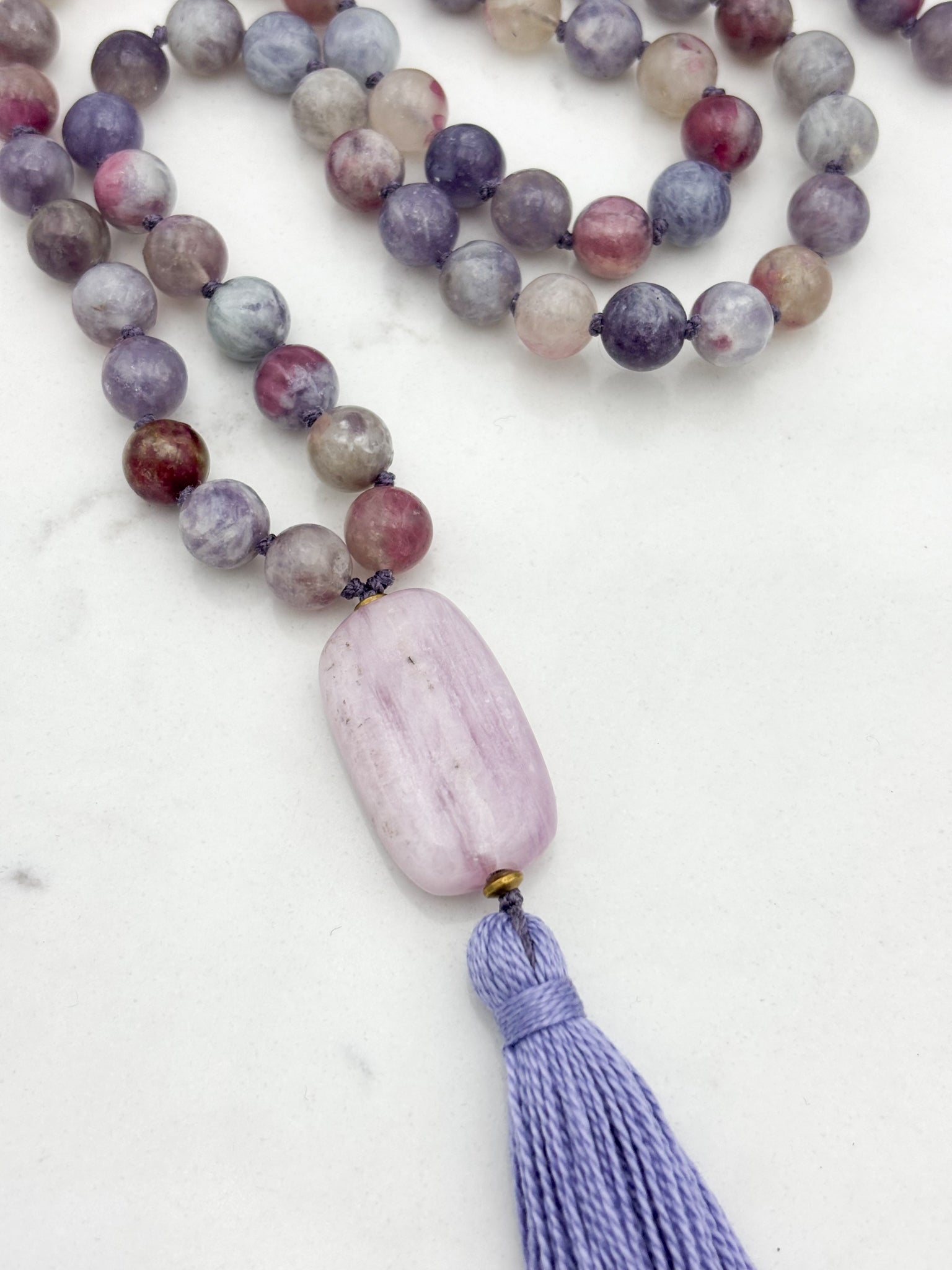 tourmaline lepidolite gemstone mala with light purple beryl guru bead and lilac tassel | radiant malas | handmade in boulder, colorado