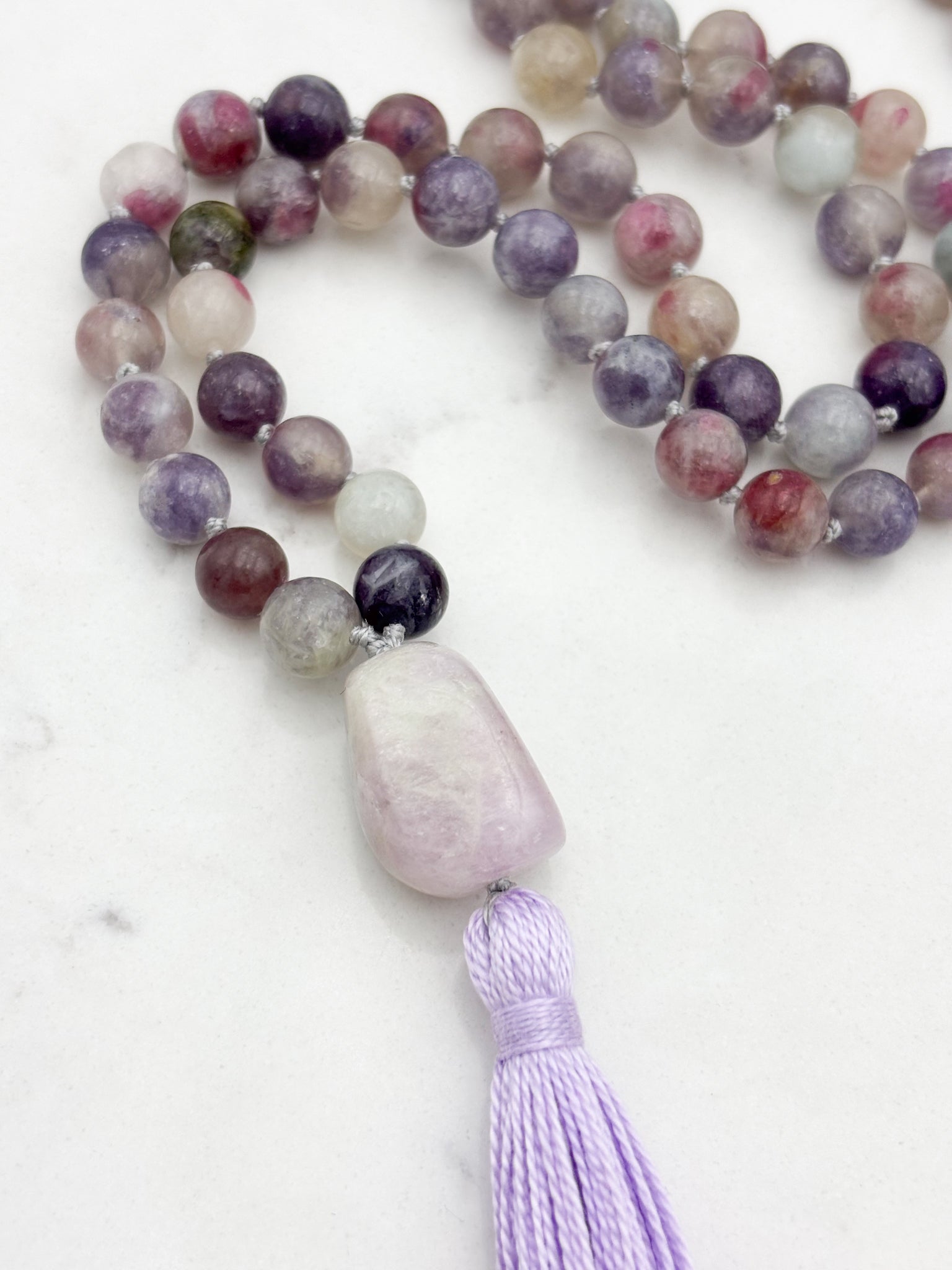 tourmaline lepidolite gemstone mala with beryl guru bead and lilac tassel | radiant malas | handmade in boulder, colorado