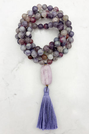 tourmaline lepidolite gemstone mala with light purple beryl guru bead and lilac tassel | radiant malas | handmade in boulder, colorado