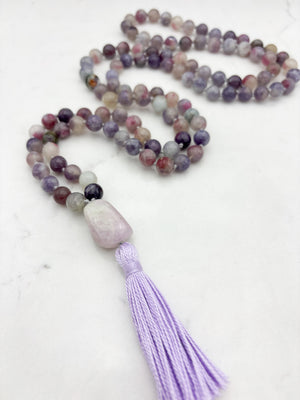 tourmaline lepidolite gemstone mala with beryl guru bead and lilac tassel | radiant malas | handmade in boulder, colorado