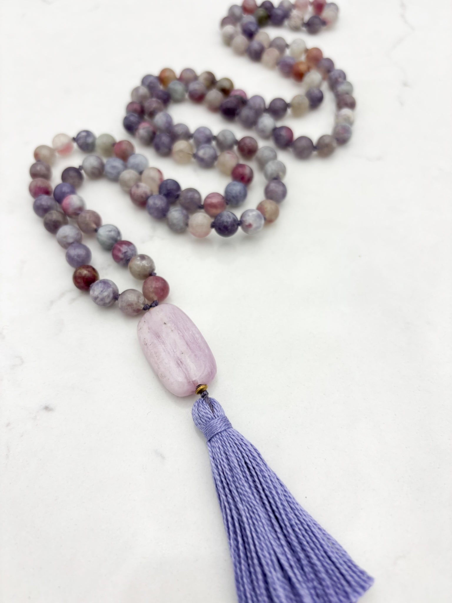 tourmaline lepidolite gemstone mala with light purple beryl guru bead and lilac tassel | radiant malas | handmade in boulder, colorado