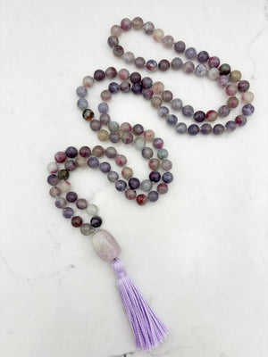 tourmaline lepidolite gemstone mala with beryl guru bead and lilac tassel | radiant malas | handmade in boulder, colorado