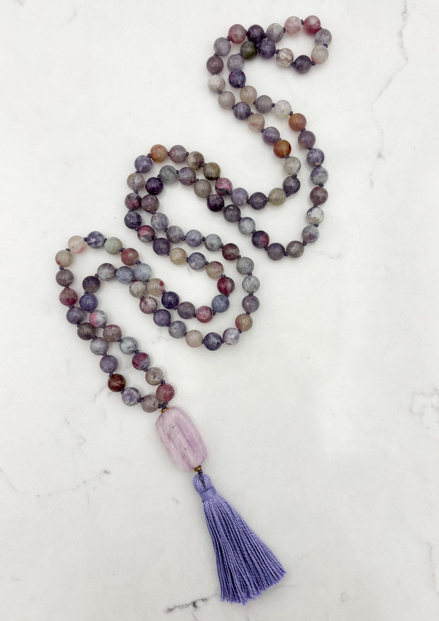 tourmaline lepidolite gemstone mala with light purple beryl guru bead and lilac tassel | radiant malas | handmade in boulder, colorado