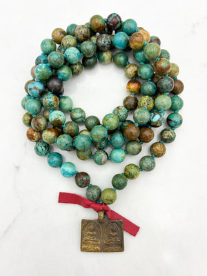 turquoise gemstone mala with brass double buddha pendant | radiant malas | handmade in boulder, colorado