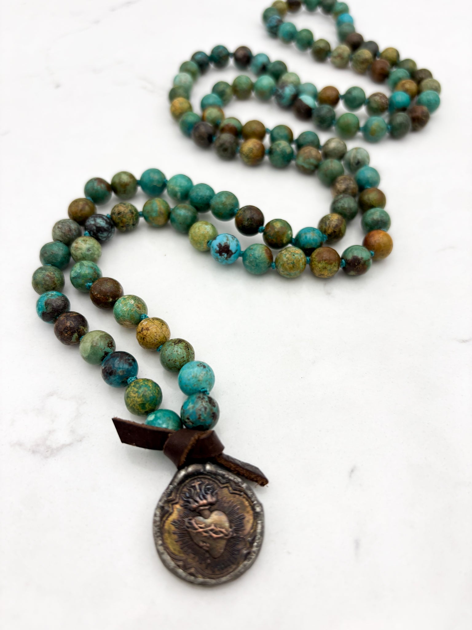 turquoise gemstone mala necklace with brass pendant | radiant malas | handmade in boulder, colorado