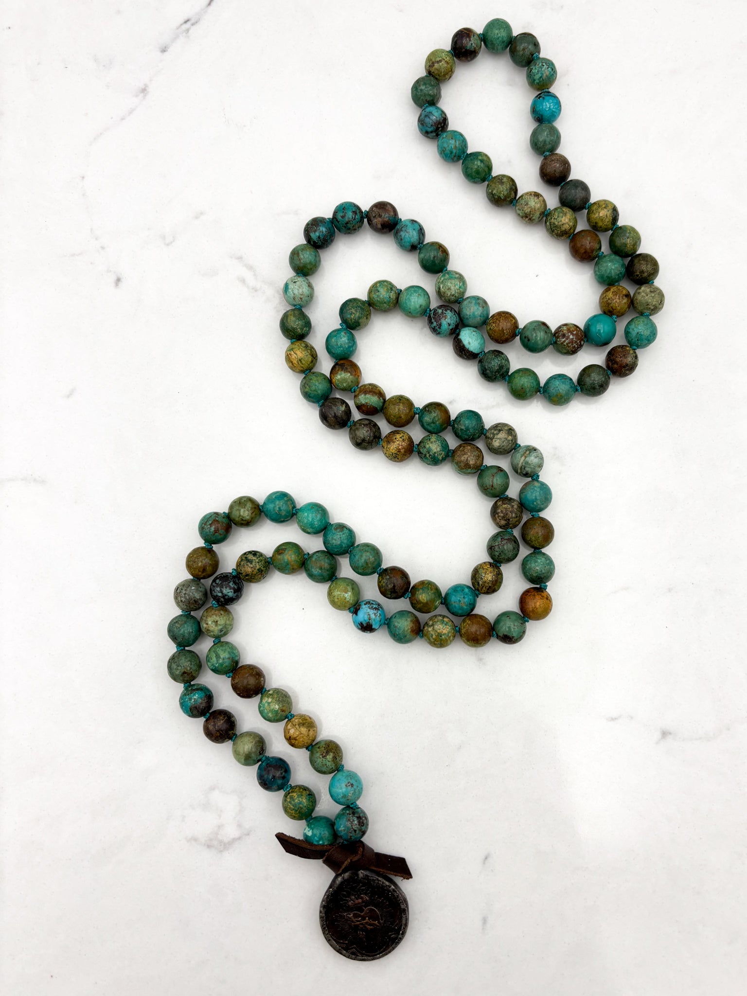 turquoise gemstone mala necklace with brass pendant | radiant malas | handmade in boulder, colorado