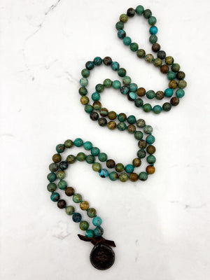 turquoise gemstone mala necklace with brass pendant | radiant malas | handmade in boulder, colorado