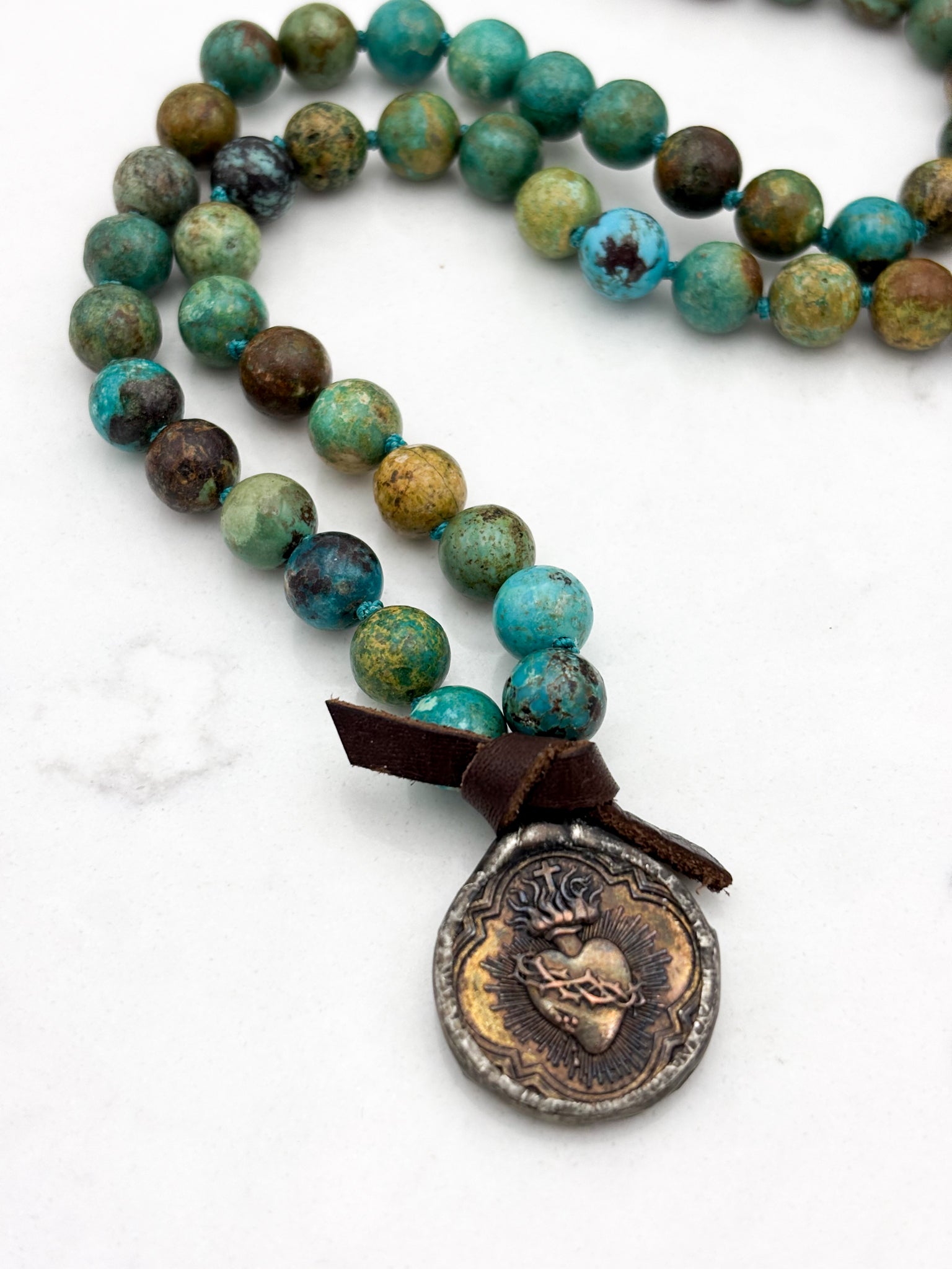 turquoise gemstone mala necklace with brass pendant | radiant malas | handmade in boulder, colorado
