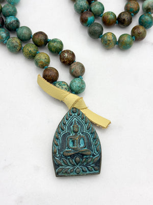 turquoise gemstone mala with brass buddha pendnat | radiant malas | handmade in boulder, colorado