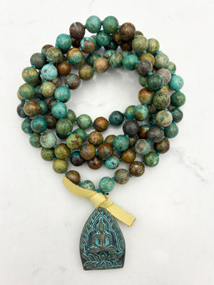 turquoise gemstone mala with brass buddha pendnat | radiant malas | handmade in boulder, colorado