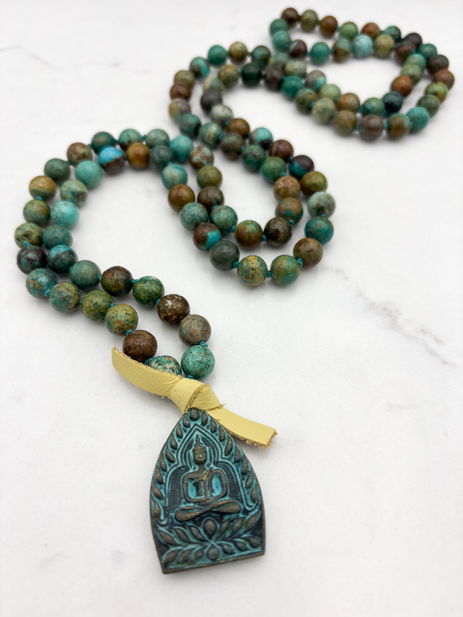 turquoise gemstone mala with brass buddha pendnat | radiant malas | handmade in boulder, colorado