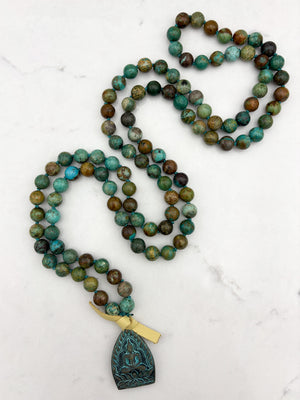 turquoise gemstone mala with brass buddha pendnat | radiant malas | handmade in boulder, colorado