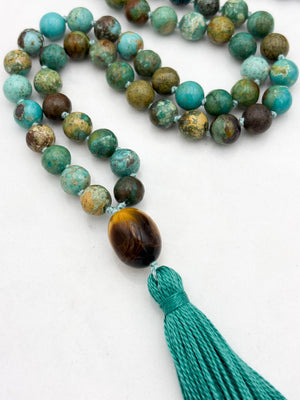 turquoise gemstone mala wiith tiger's eye guru bead and turquoise tassel | radiant malas | handmade in boulder, colorado