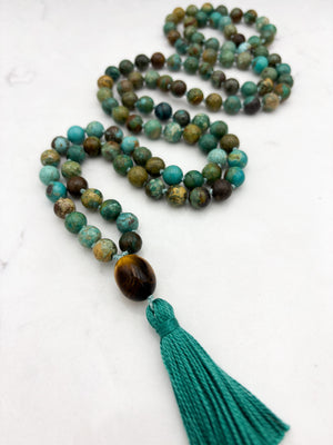 turquoise gemstone mala wiith tiger's eye guru bead and turquoise tassel | radiant malas | handmade in boulder, colorado