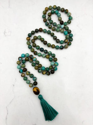turquoise gemstone mala wiith tiger's eye guru bead and turquoise tassel | radiant malas | handmade in boulder, colorado