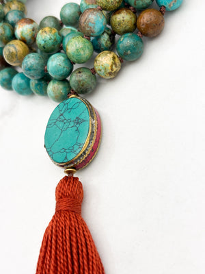 turquoise gemstone mala with turquoise guru bead and rust tassel | radiant malas | handmade in boulder, colorado