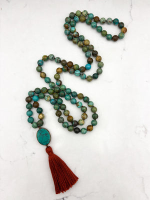 turquoise gemstone mala with turquoise guru bead and rust tassel | radiant malas | handmade in boulder, colorado