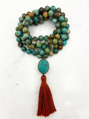 turquoise gemstone mala with turquoise guru bead and rust tassel | radiant malas | handmade in boulder, colorado
