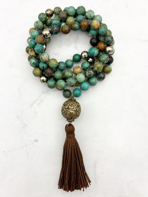 turquoise gemstone mala with brass guru bead and brown tassel | radiant malas | handmade in boulder, colorado