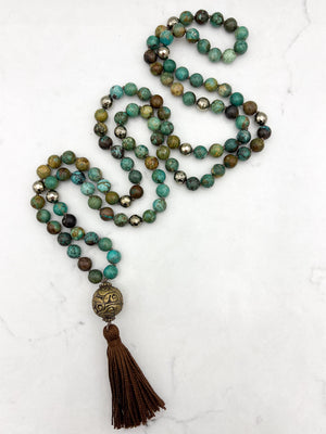 turquoise gemstone mala with brass guru bead and brown tassel | radiant malas | handmade in boulder, colorado