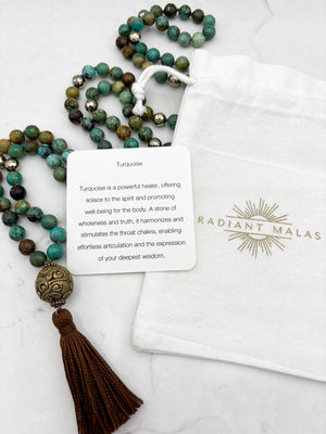 turquoise gemstone mala with brass guru bead and brown tassel | radiant malas | handmade in boulder, colorado