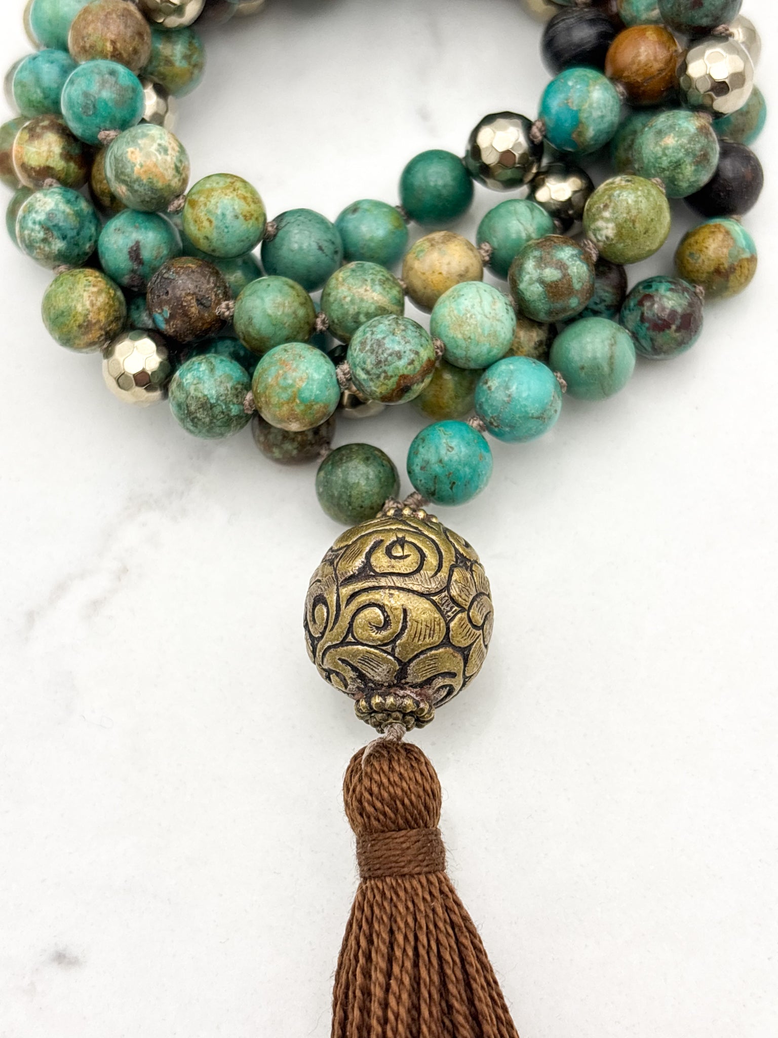 turquoise gemstone mala with brass guru bead and brown tassel | radiant malas | handmade in boulder, colorado