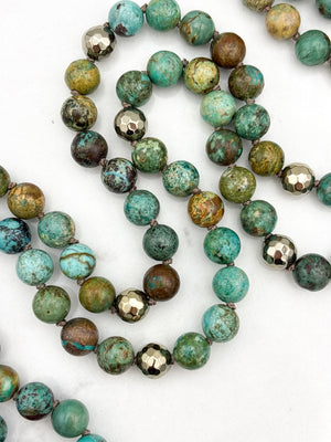 turquoise gemstone mala with brass guru bead and brown tassel | radiant malas | handmade in boulder, colorado