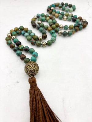 turquoise gemstone mala with brass guru bead and brown tassel | radiant malas | handmade in boulder, colorado