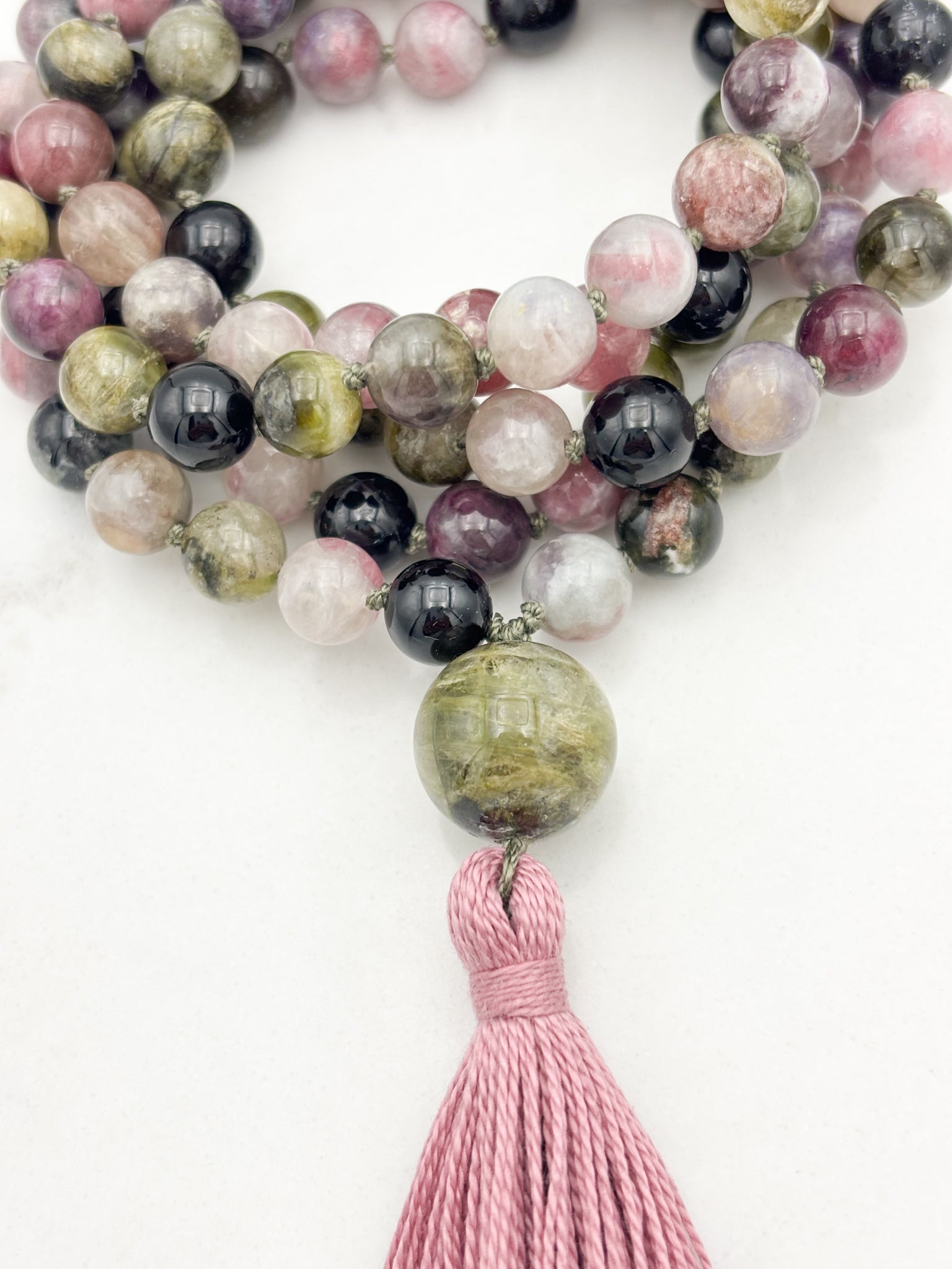 watermelon tourmaline gemstone mala necklace with cat's eye tourmaline guru bead and pink tassel | radiant malas | handmade in boulder, colorado