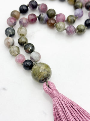 watermelon tourmaline gemstone mala necklace with cat's eye tourmaline guru bead and pink tassel | radiant malas | handmade in boulder, colorado