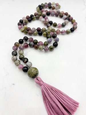 watermelon tourmaline gemstone mala necklace with cat's eye tourmaline guru bead and pink tassel | radiant malas | handmade in boulder, colorado