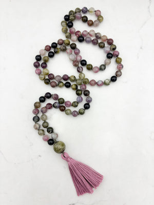 watermelon tourmaline gemstone mala necklace with cat's eye tourmaline guru bead and pink tassel | radiant malas | handmade in boulder, colorado