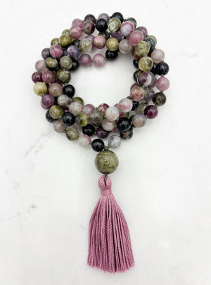 watermelon tourmaline gemstone mala necklace with cat's eye tourmaline guru bead and pink tassel | radiant malas | handmade in boulder, colorado