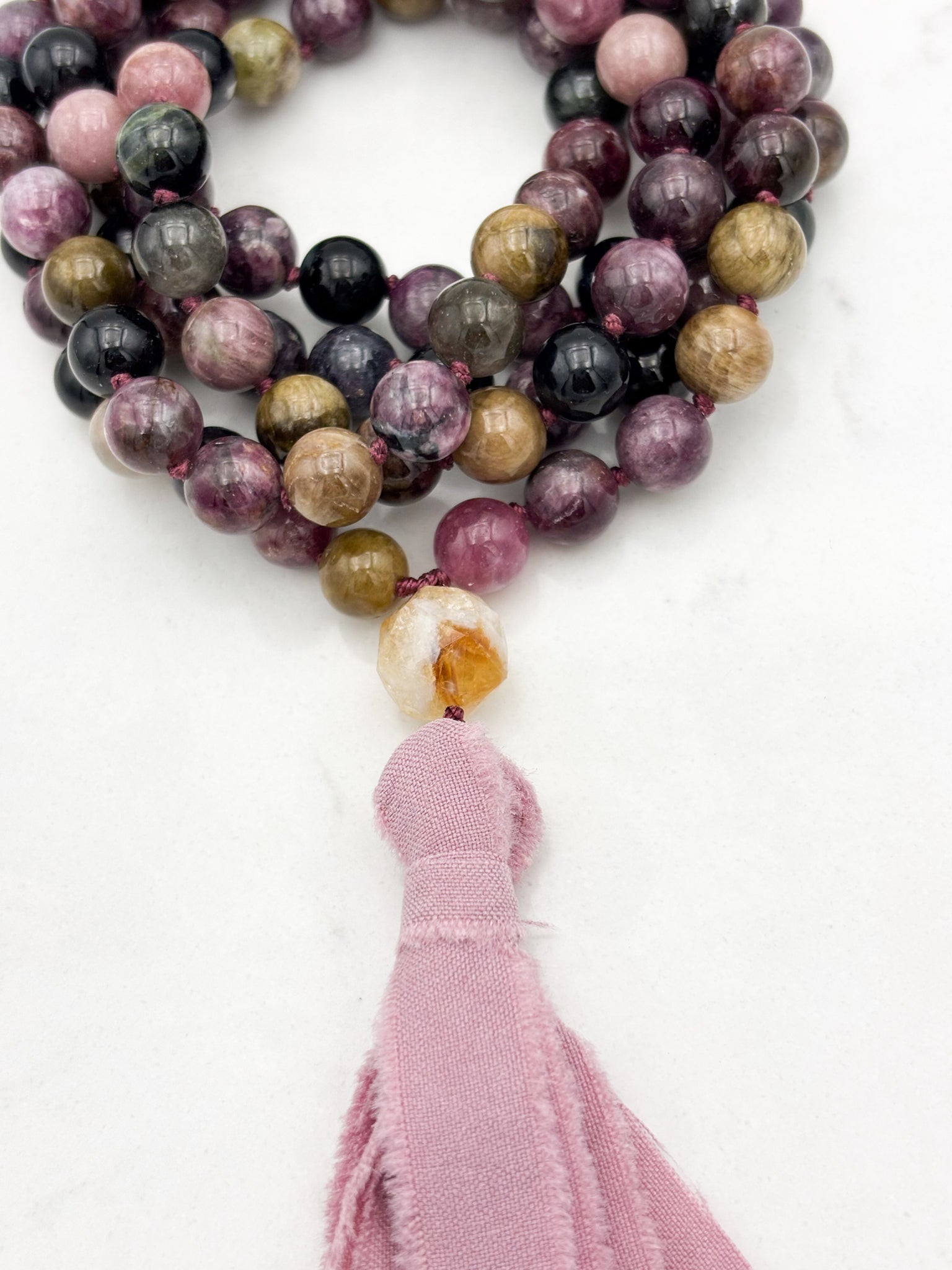 watermelon tourmaline gemstone mala necklace with citrine guru bead and pink silk ribbon tassel | radiant malas | handmade in boulder, colorado