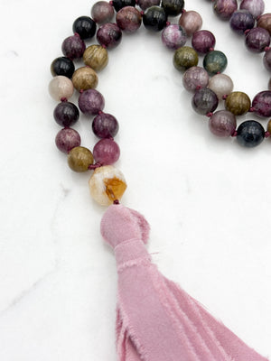 watermelon tourmaline gemstone mala necklace with citrine guru bead and pink silk ribbon tassel | radiant malas | handmade in boulder, colorado