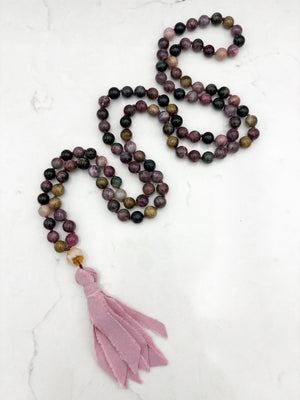 watermelon tourmaline gemstone mala necklace with citrine guru bead and pink silk ribbon tassel | radiant malas | handmade in boulder, colorado