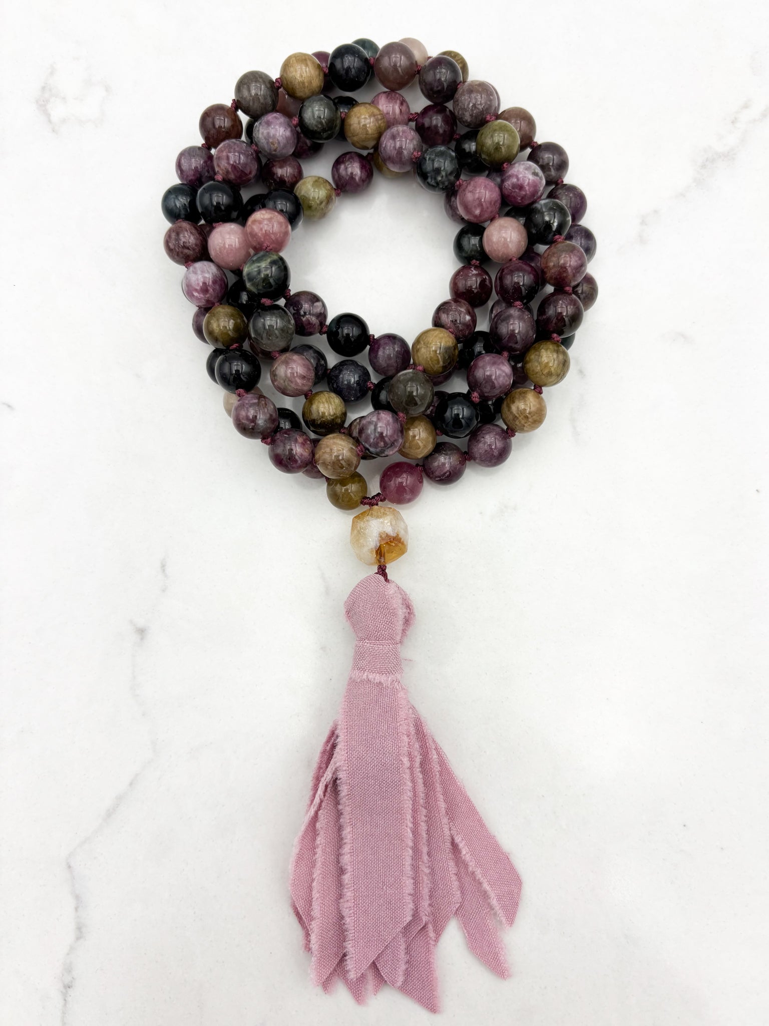 watermelon tourmaline gemstone mala necklace with citrine guru bead and pink silk ribbon tassel | radiant malas | handmade in boulder, colorado