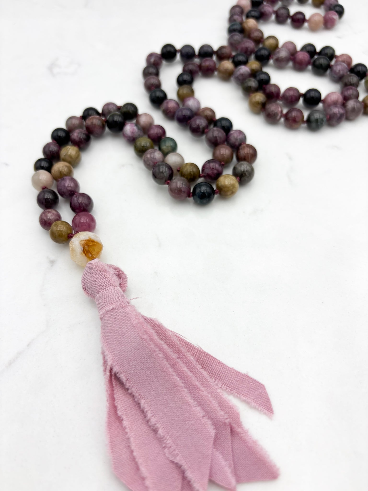watermelon tourmaline gemstone mala necklace with citrine guru bead and pink silk ribbon tassel | radiant malas | handmade in boulder, colorado