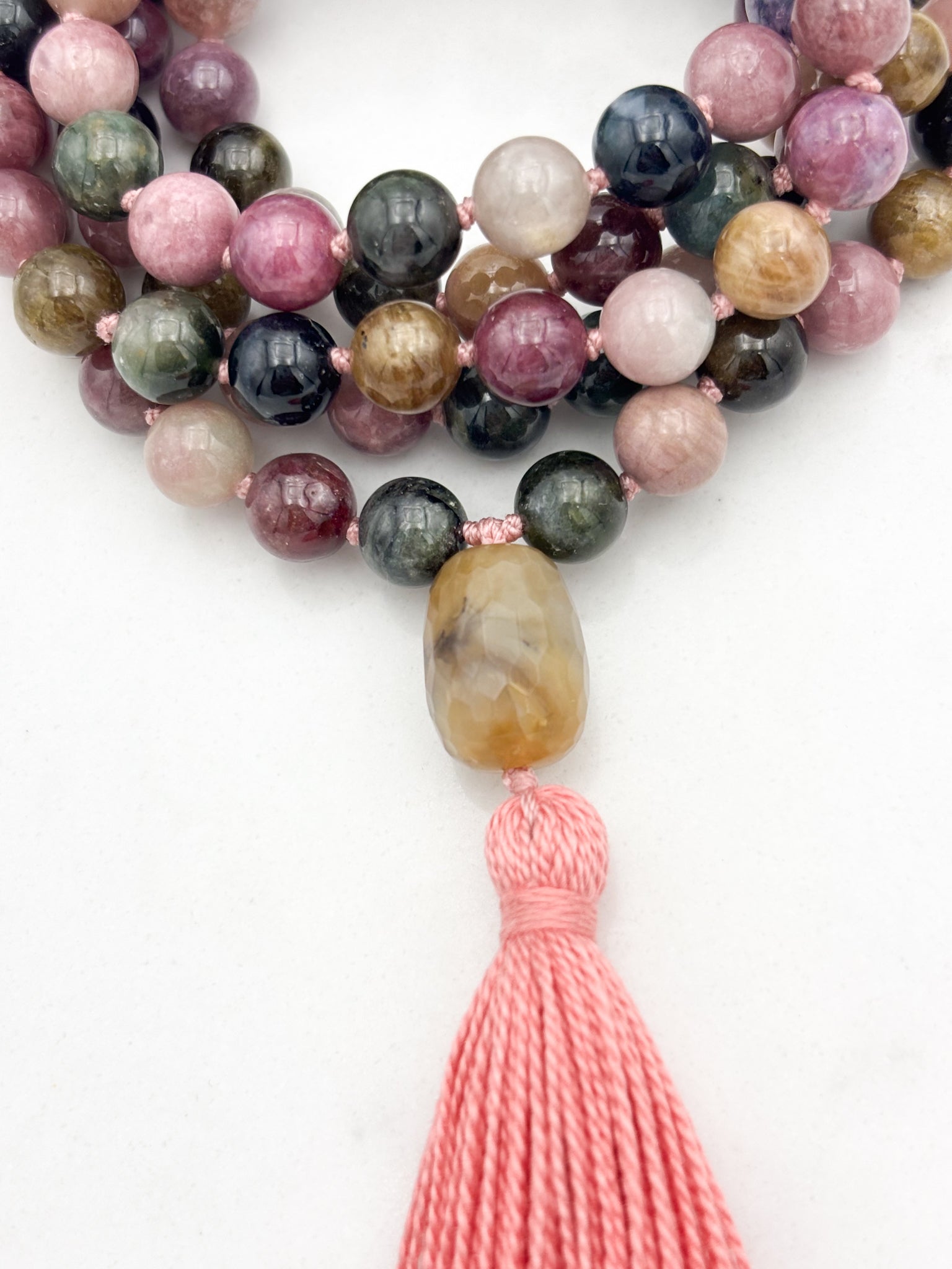 watermelon tourmaline gemstone mala necklace with quartz guru bead and pink tassel | radiant malas | handmade in boulder, colorado