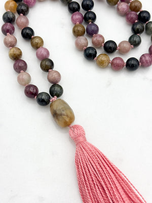 watermelon tourmaline gemstone mala necklace with quartz guru bead and pink tassel | radiant malas | handmade in boulder, colorado