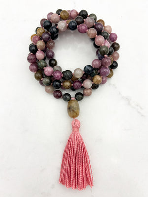 watermelon tourmaline gemstone mala necklace with quartz guru bead and pink tassel | radiant malas | handmade in boulder, colorado