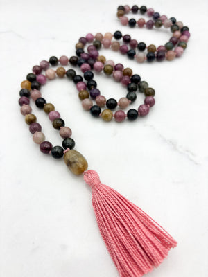 watermelon tourmaline gemstone mala necklace with quartz guru bead and pink tassel | radiant malas | handmade in boulder, colorado